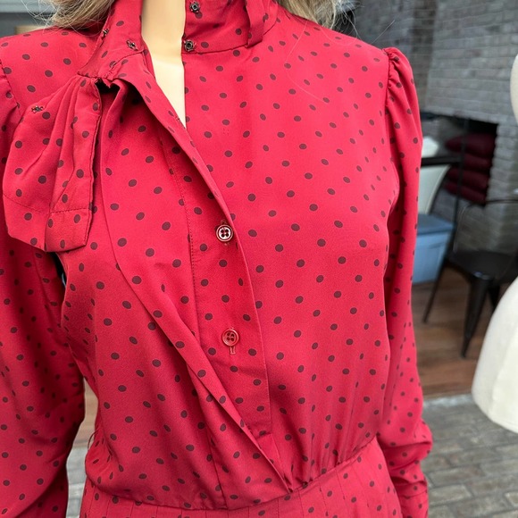 SOLD Vintage 70s 80s Albert Nipon Midi Shirt Dress Red polkadot pleated small - Picture 10 of 16